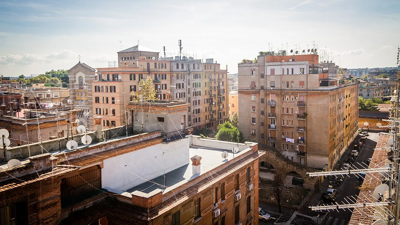 Rooftops and apartment blocks of the Testaccio district in Rome seen from above
