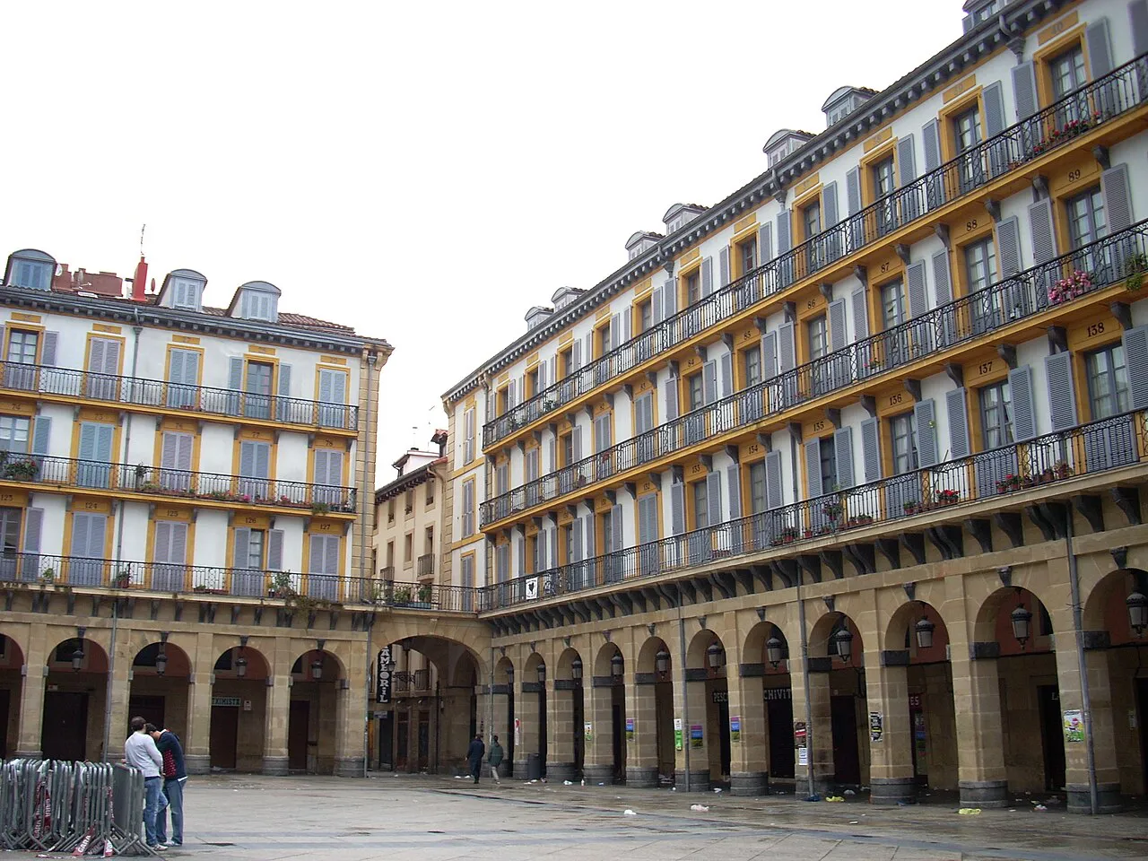 Arcaded Plaza de la Constitución with rows of numbered balconies in the Parte Vieja, San Sebastián