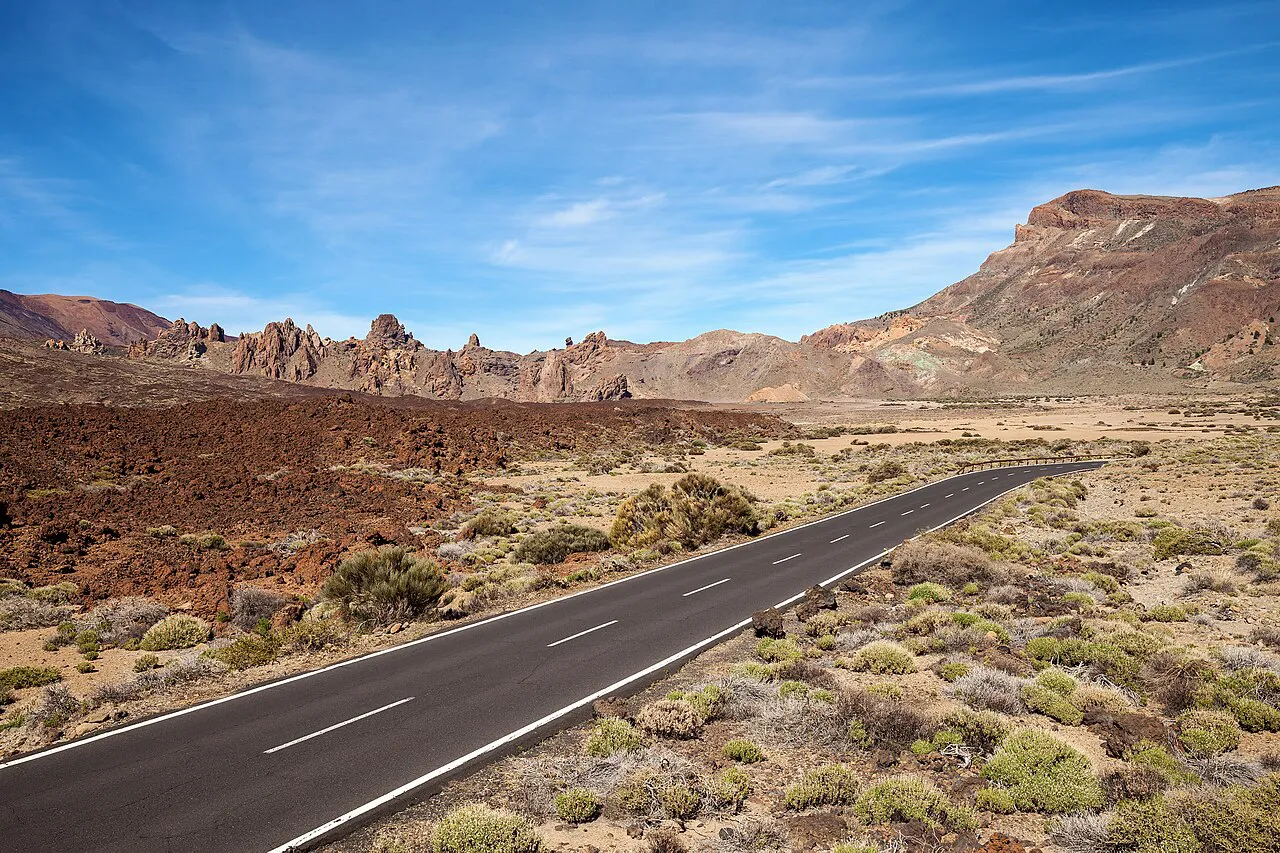 Road crossing the Las Cañadas caldera near Roques de García in Teide National Park, Tenerife